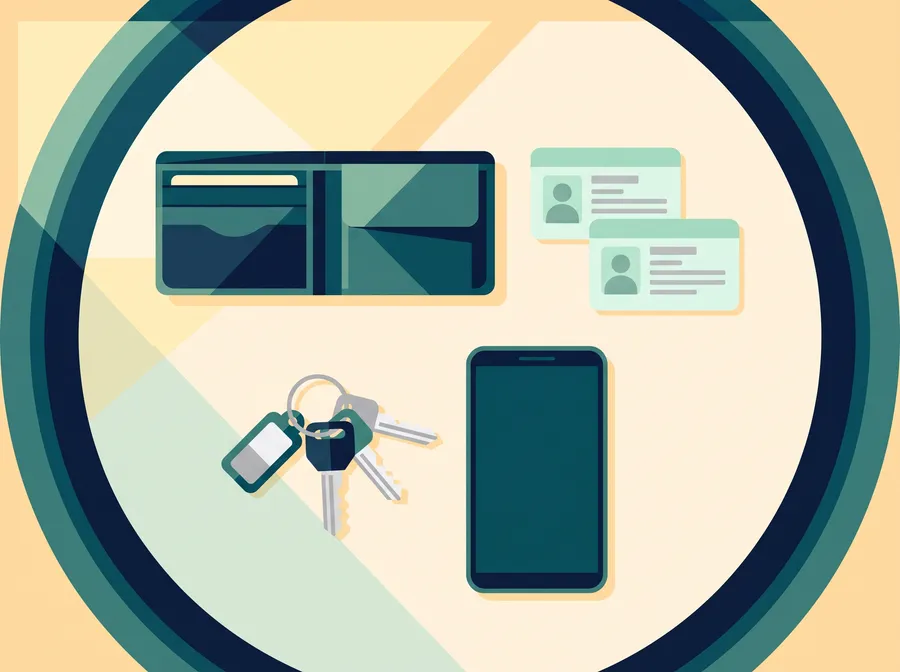 Generated flat illustration: an open wallet, two blank identification cards, car keys and a phone laid out on a table.