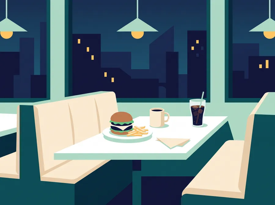 Generated flat illustration: a restaurant booth by a night window with a burger and fries, a mug of coffee and a glass of pop.