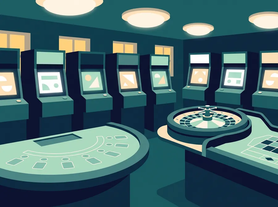 Generated flat illustration: an empty gaming area with a card table, a roulette wheel and a row of slot machines with abstract screens.